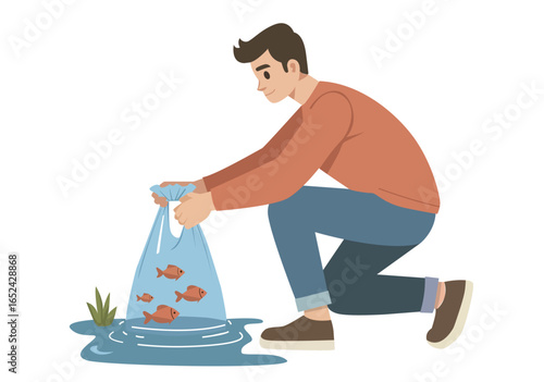 Cartoon image of a young man releasing fish into the water.