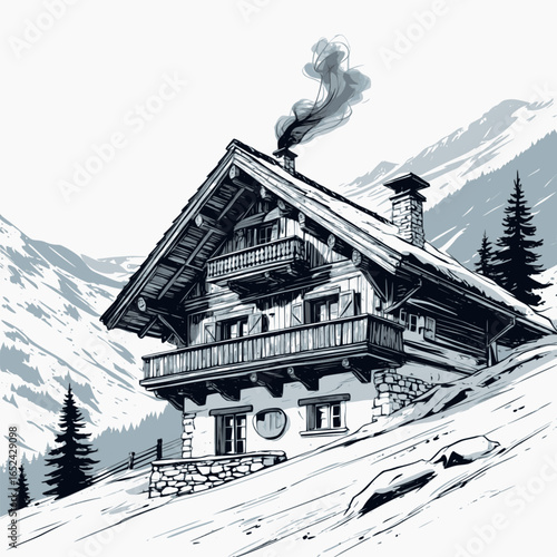 Mountain chalet sketch with steep roof. Hand-drawn alpine home vector isolated on white.