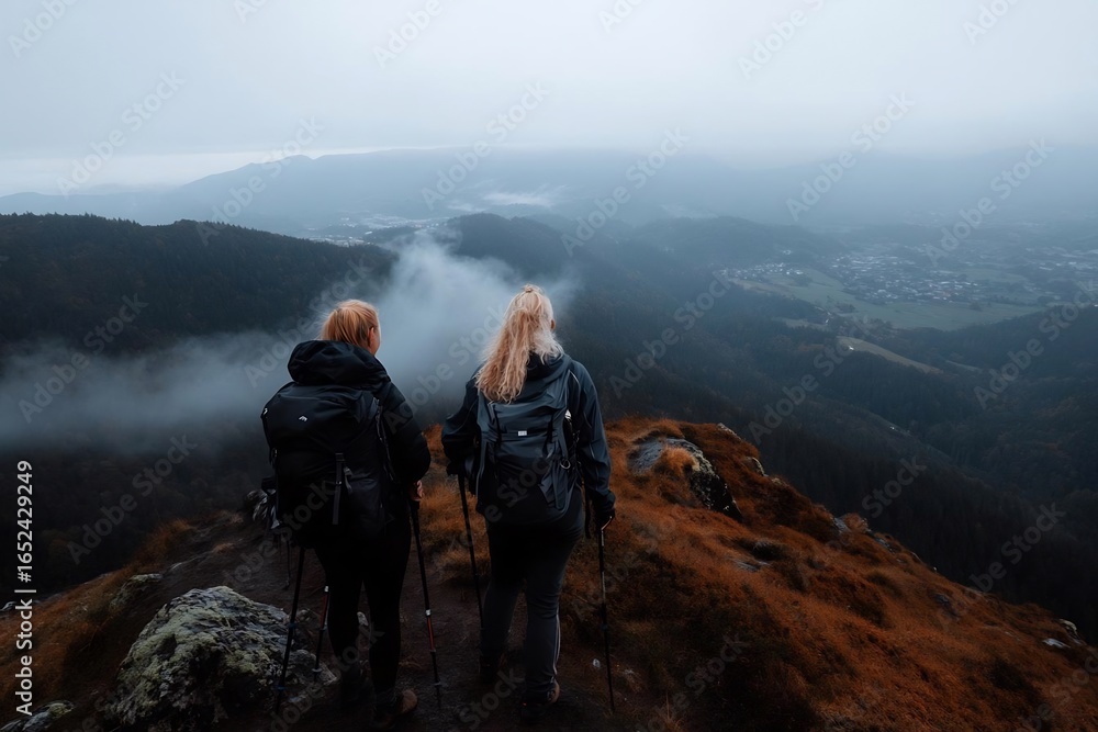 Fototapeta premium Adventurous women conquer mountain summit, embracing nature's grandeur amidst serene fog