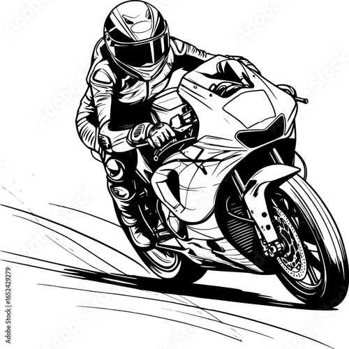 Female motorbike racer sketch in helmet. Hand-drawn motorsport vector isolated on white.