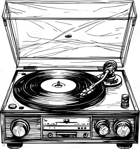 Vintage Vinyl Record Player Sketch. Music Nostalgia Detailed Turntable Illustration For Retro Audio Design