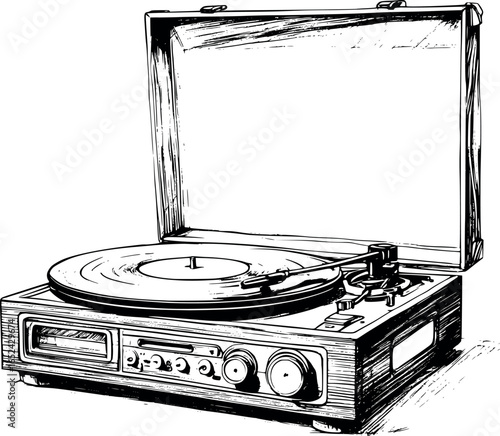 Vintage Vinyl Record Player Sketch. Music Nostalgia Detailed Turntable Illustration For Retro Audio Design