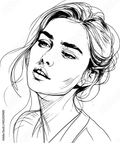 Blushing shy woman sketch. Emotional line portrait vector illustration.