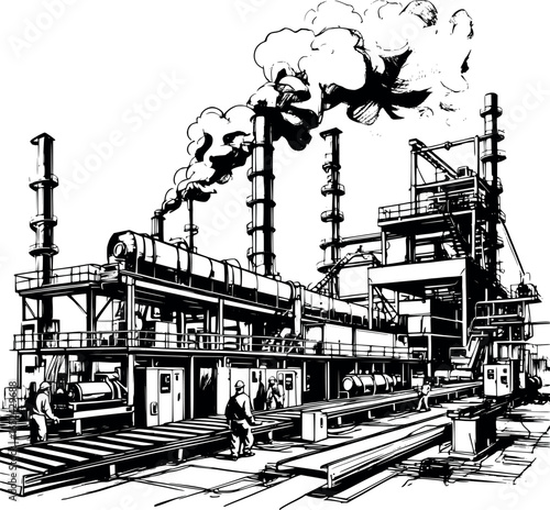 Sketch of steel plant with workers and conveyor systems, detailed industrial drawing, isolated on white.