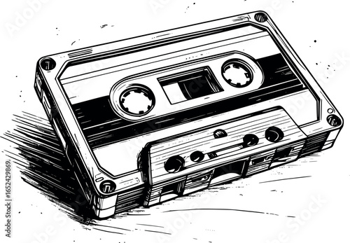 Vintage Cassette Tape Hand-Drawn Sketch. 90s Nostalgia Retro Technology Illustration Isolated on White