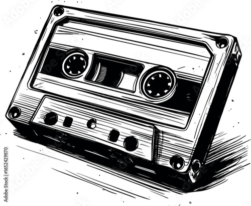 Vintage Cassette Tape Hand-Drawn Sketch. 90s Nostalgia Retro Technology Illustration Isolated on White