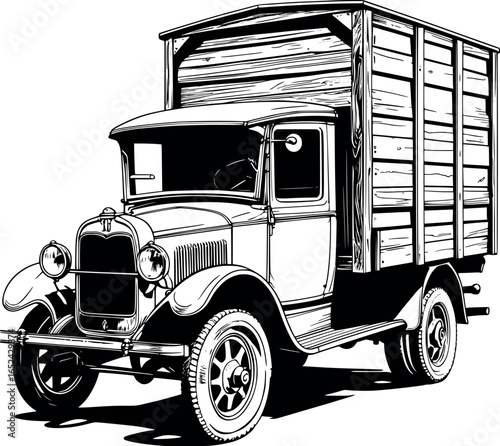 Vintage delivery truck sketch. Early 20th century vehicle, isolated vector illustration.