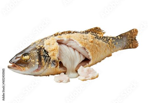 Perfectly whole, salt-baked sea bass with golden-brown skin and exposed moist white flesh on a minimalist transparent studio background, bright diffused lighting, no shadows, high-end commercial food