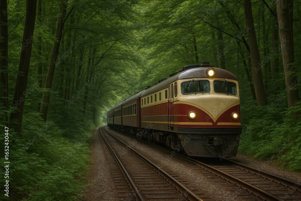 Obraz premium Forest Railway Journey - Vintage Train Threading Through Lush Woodland Landscape Adventure
