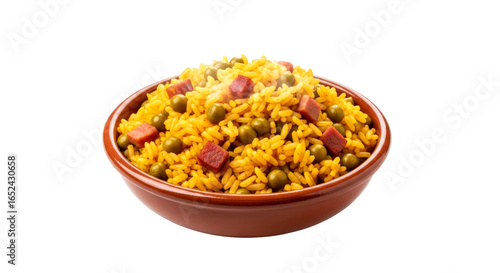 transparent background steaming arroz con gandules in rustic bowl perfect for menus