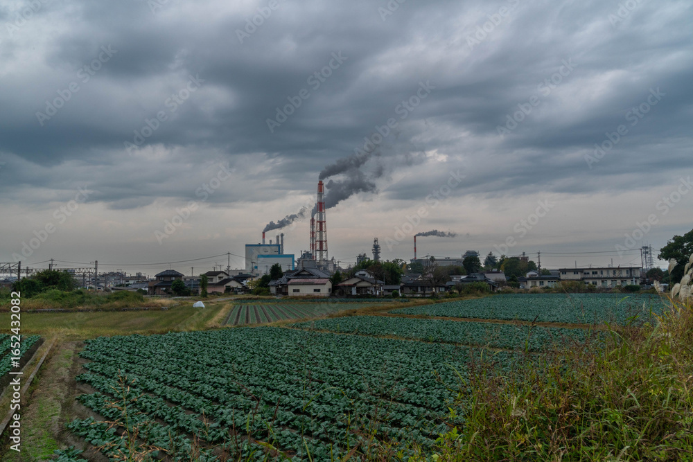 Fototapeta premium Smoke is coming out of the factory's chimney on the outskirts of Yatsushiro City, Japan.