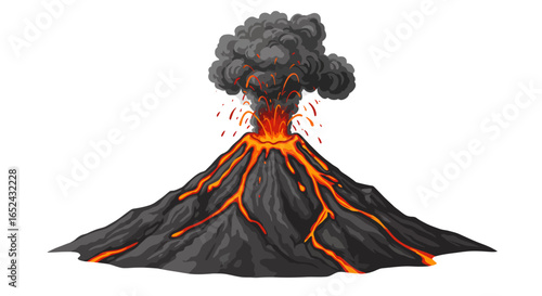 An erupting volcano with lava flow and a plume of smoke and ash