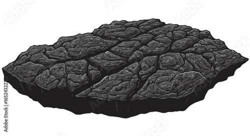 A dark textured rock formation with segmented patterns flat top and a shadow beneath set against a white background