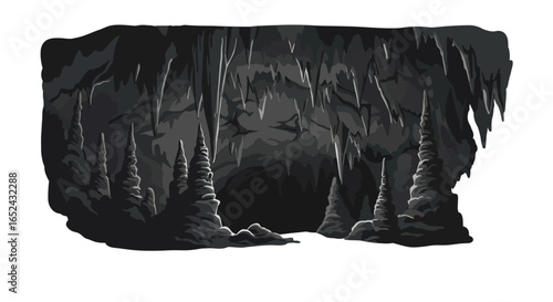 A dark cave with stalactites and stalagmites in shades of gray