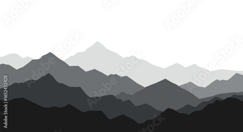 Silhouetted mountains diminish in grayscale shades receding into the background creating depth
