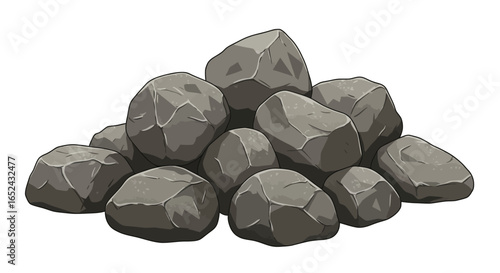 A pile of gray rocks with textured surfaces and jagged edges are stacked against a white background