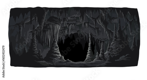 A dark cavernous space filled with stalactites and stalagmites illuminated with subtle gradients