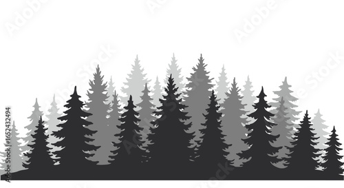 Silhouette of variedsized evergreen trees layered in shades of gray on a white background