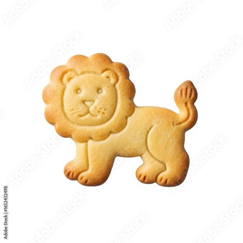 Light golden-brown lion animal cracker with porous texture and crisp details, on seamless very transparent background with bright studio lighting, concept of precise food product representation