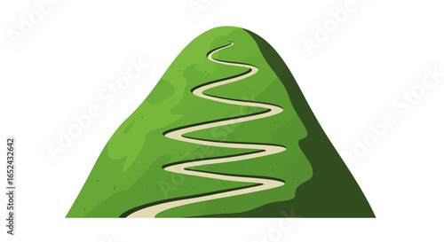 Green hill with a winding beige road leading to the summit