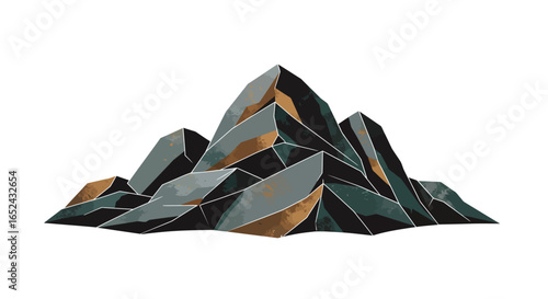 Geometric mountain illustration with gray gold and black facets against a white background