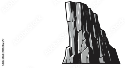 Cartoonish rocky mountain face with distinct peaks textured with dark shading and gray highlights isolated on a white background