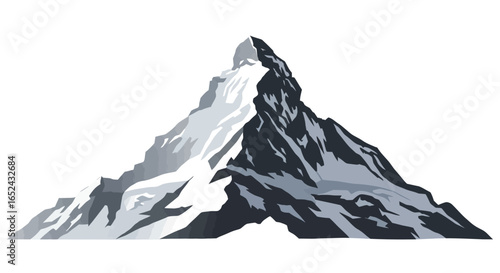 A snowcapped mountain with jagged peaks and steep slopes under a bright clear sky
