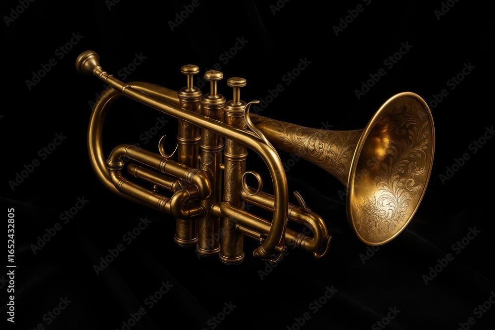Naklejka premium Antique Brass Trumpet Gleaming Against Black Velvet Background in Studio Lighting