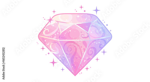 Pink  purple diamond illustration with swirl patterns sparkles and radiant glow