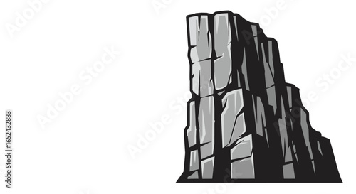 A stylized graphic of a rocky mountain formation in grayscale