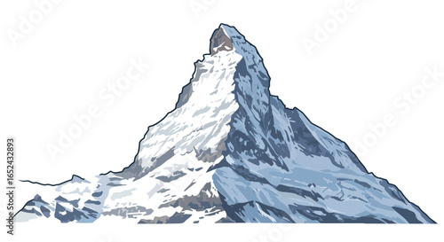 A majestic snowcapped mountain with jagged peaks against a white backdrop