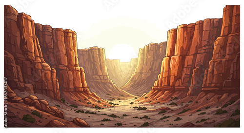 Pixel art canyon scene bright sun large rock formations desert landscape