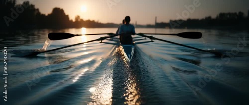 Dynamic rowing team in action on tranquil lake at sunset, creating captivating ripples