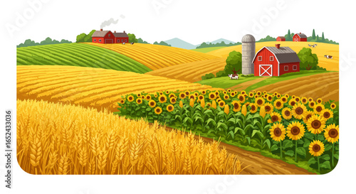 A farm landscape with fields of wheat sunflowers red barns and green hills