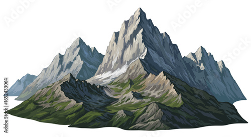 Illustration shows rugged mountains with green foothills against a white background