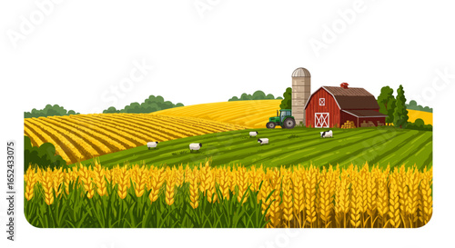 Rural landscape Barn silo tractor sheep and wheat fields
