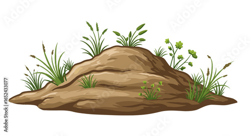A mound of dirt supports a variety of plants including grasses and leafy greens