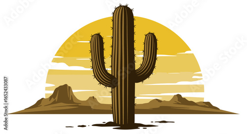 Desert scene with a saguaro cactus set against a golden sunset silhouetted mountains and arid landscape