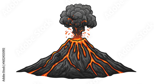 Erupting volcano with lava flows and a large plume of ash