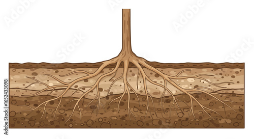 A tree trunk with roots extending into layered soil is depicted