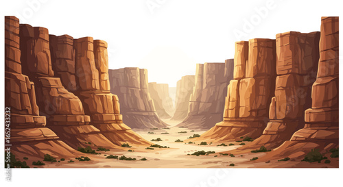A cartoon desert canyon with layered rock formations and sparse vegetation