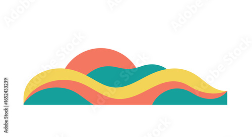 An abstract flat landscape with layers of teal yellow and coral curves plus a partial circle above