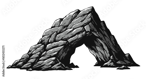 A grey rocky archway with sharp edges made of stacked stones stands against a white background