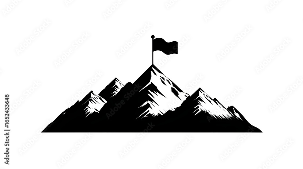 Fototapeta premium Filled black icon of mountain range with flag on peak, transparent background