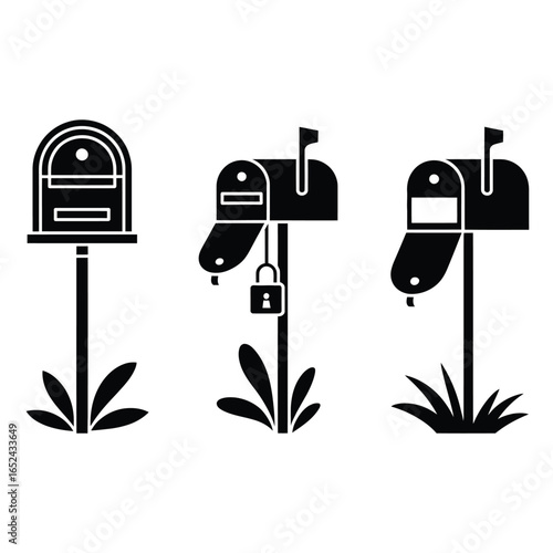 Black and white vector bundle of mailbox variations including standing, wall-mounted, locked, and decorated mailboxes for design