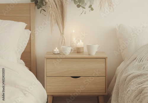 Serene Bedroom Setting with Lit Candles on a Wooden Nightstand