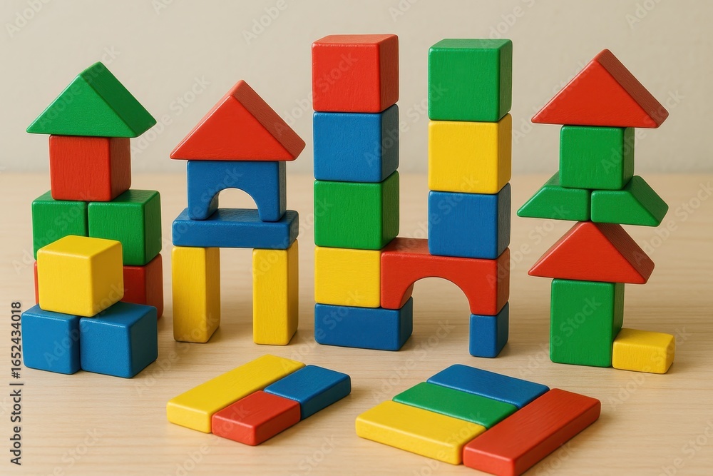 Obraz premium Educational rainbow-colored building blocks arranged in creative geometric patterns for early learning