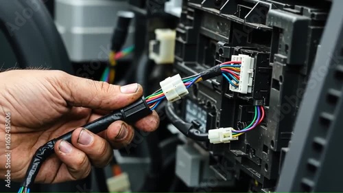 Wallpaper Mural Hand connecting multicolored wires to a black electrical connector Torontodigital.ca