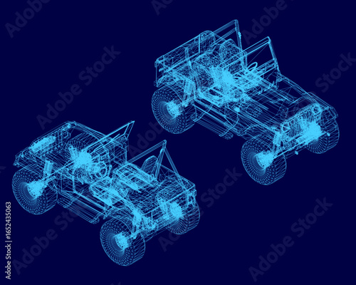 A 3D wireframe model of a rugged SUV car displayed on a clean blue background, showcasing detailed blueprint lines and structural design. The transparent mesh highlights the vehicle's framework.