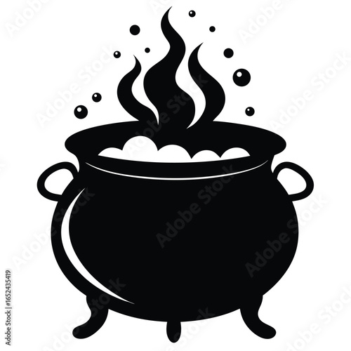 Black Cauldron with Bubbles and Steam Vector Icon